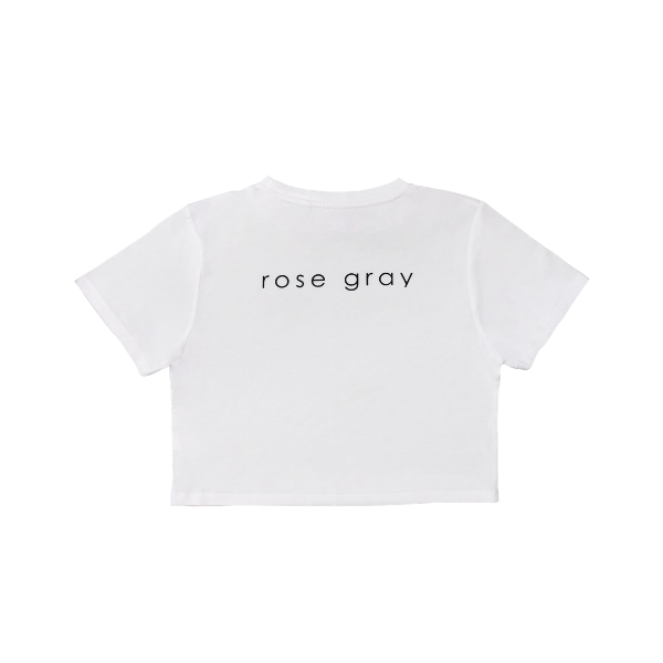 Rose Gray - White Cropped Tiara Rhinestone T-Shirt.