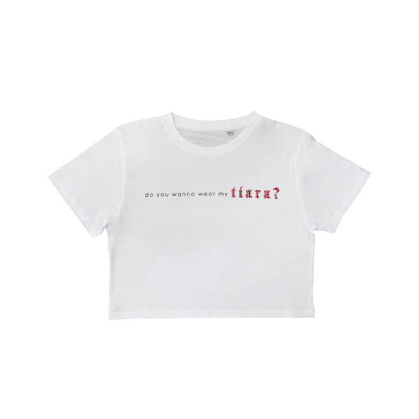 Rose Gray - White Cropped Tiara Rhinestone T-Shirt.